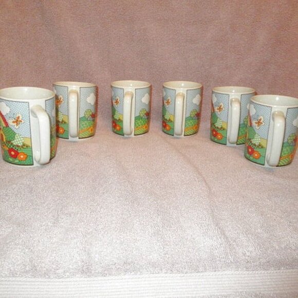 SET OF 6 Vintage OTAGIRI Butterfly RAINBOW Coffee MUGS Cross Stitch HOUSE Bird - Picture 7 of 10